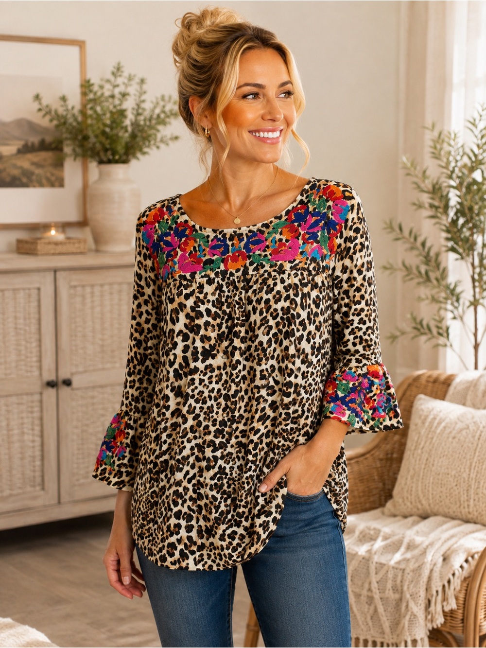See and Be Seen Large Leopard Floral Embroidered Boho Bell Sleeve Tunic Top